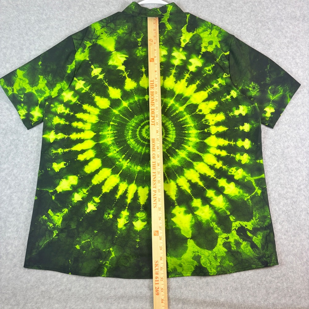 Mens 2XL Neon Green Black Tie Dye Spiral Button Down Shirt Short Sleeve Festival - Picture 5 of 11